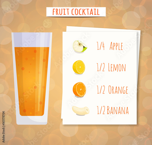 The recipe for a fruit cocktail. Vector illustration. Delicious and healthy smoothies with ingredients.