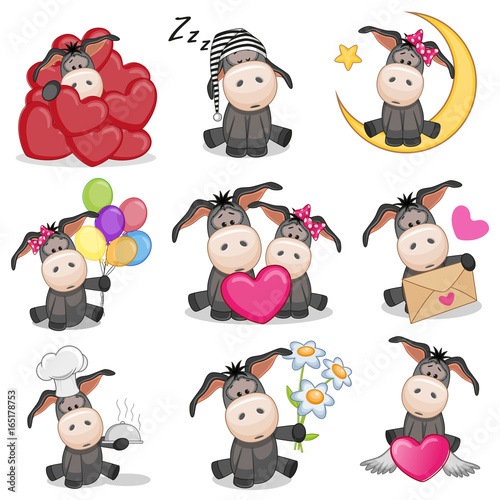 Set of Cute Cartoon Donkey