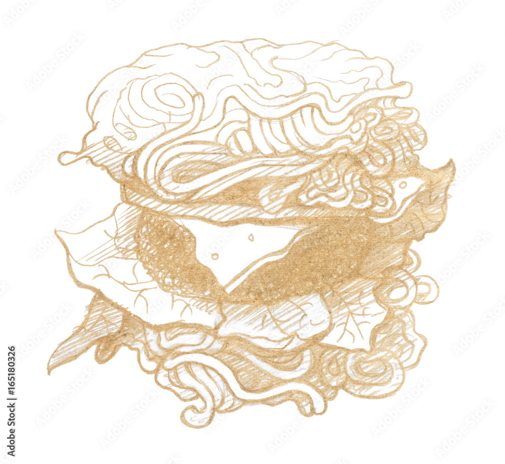 Obraz premium Ramen burger with herbs and cheese. Graphic linear tonal drawing by slate pencil. Sepia, toned paper. Isolated on white background