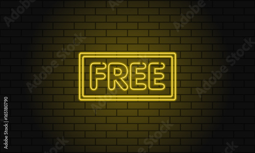 Retro club inscription Free. Vintage electric signboard with bright neon lights. Yellow light falls on a brick background. Vector illustration