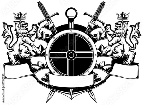 The black white coat of arms with flags  swords  spears  guns and crown