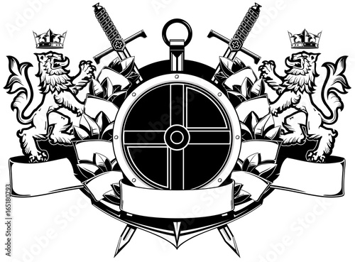 The black white coat of arms with flags, swords, spears, guns and crown