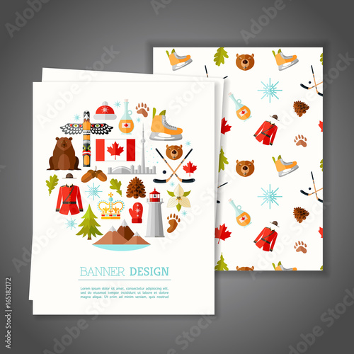Cards with national symbols of Canada. Greeting or Invitation vector card on canadian theme. Branding Design. Banner.