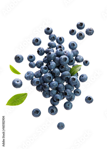 Fresh Blueberries With Leaves on White Background