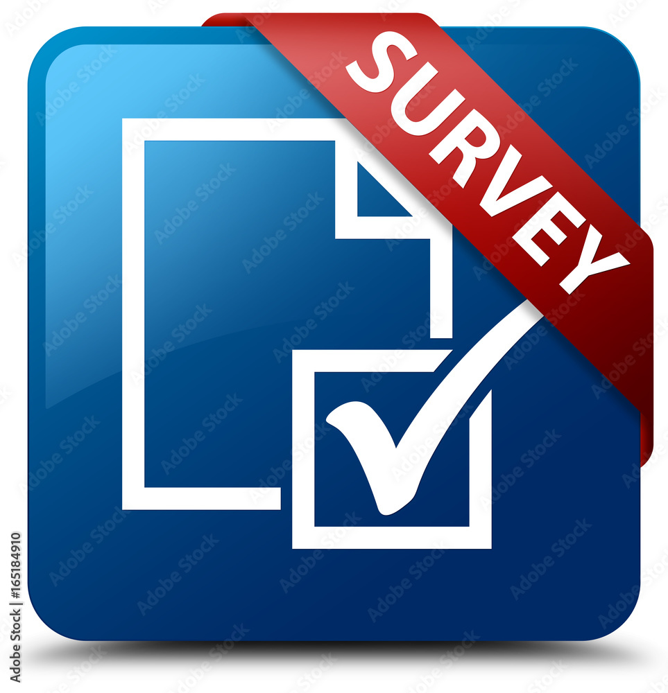 Survey blue square button red ribbon in corner Survey blue square button red ribbon in corner