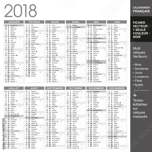 Calendrier français 2018 minimaliste - 1 couleur Noir