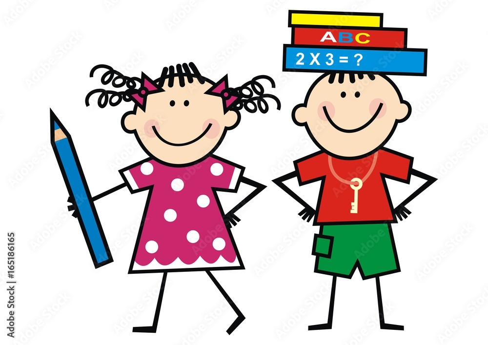 Fototapeta Kids and books and crayon, funny illustration, vector icon