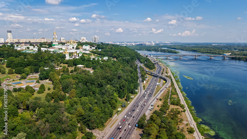 Aerial top view of Kiev Pechersk Lavra churches on hills from above, Kyiv city, Ukraine 