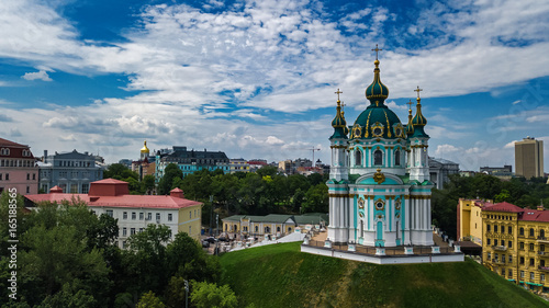 Aerial top view of Saint Andrew's church from above, Podol district, city of Kiev (Kyiv), Ukraine 