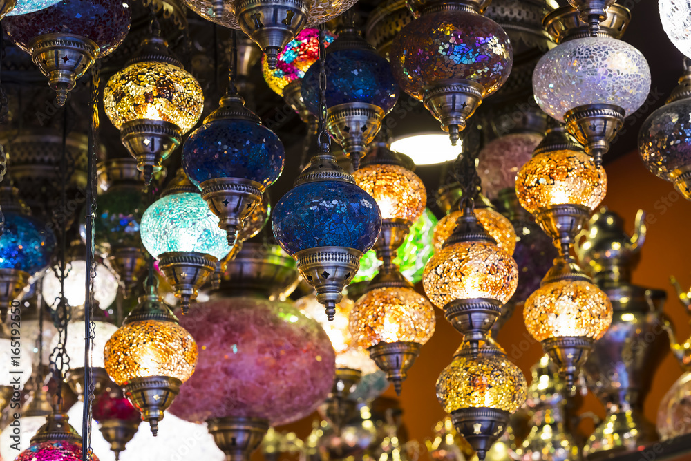 Traditional Asian lanterns of colored glass on the market 