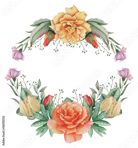 Hand painted watercolor wreath of Flowers and Leaves, isolated on white background