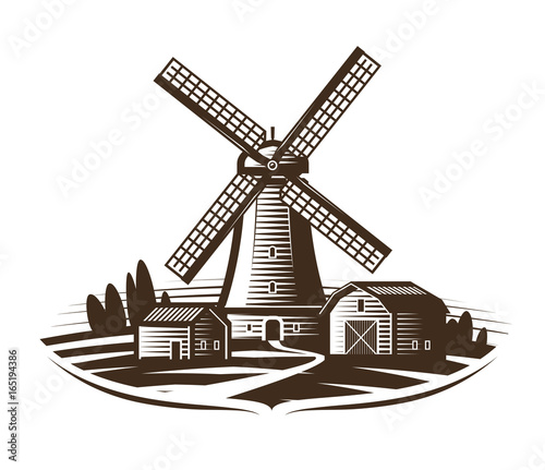 Windmill, mill logo or label. Farm, rural landscape, agriculture, bakery, bread icon. Vintage vector illustration
