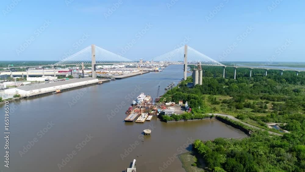 Aerial video riverfront industrial district Savannah GA Aerial video riverfront industrial district Savannah GA