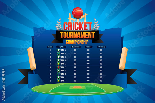 Vector of cricket championship badge design with team players and scoreboard.