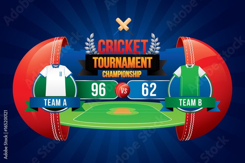 Vector of cricket championship badge design with team players and scoreboard.