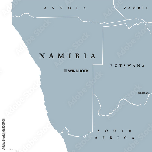 Namibia political map with capital Windhoek. Republic and country in Southern Africa on Atlantic Ocean. Former German South-West Africa. Gray illustration on white background. English labeling. Vector