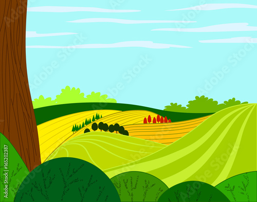 simple green and yellow landscape. day time. flat design. vector illustration