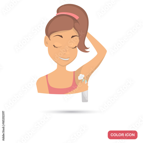 The girl uses antiperspirant color flat icon for web and mobile design