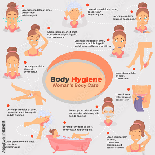 Morning girl hygiene infographics set illustration for web and mobile design