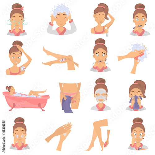 Morning girl hygiene color flat icons set. Girl awakening illustration for web and mobile design