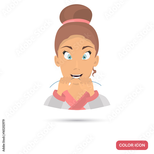 Girl using dental floss color flat icon for web and mobile design