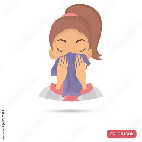 Girl wipes her face with a towel color flat icon for web and mobile design