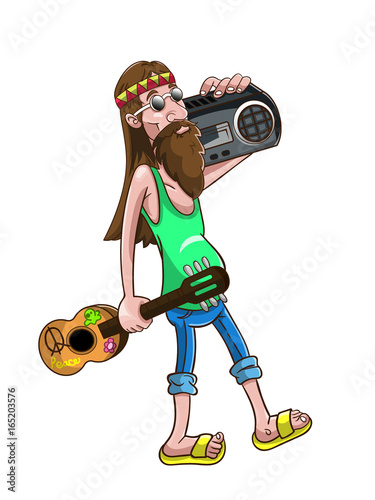 The Hippies walking with guitar and music player cartoon vector