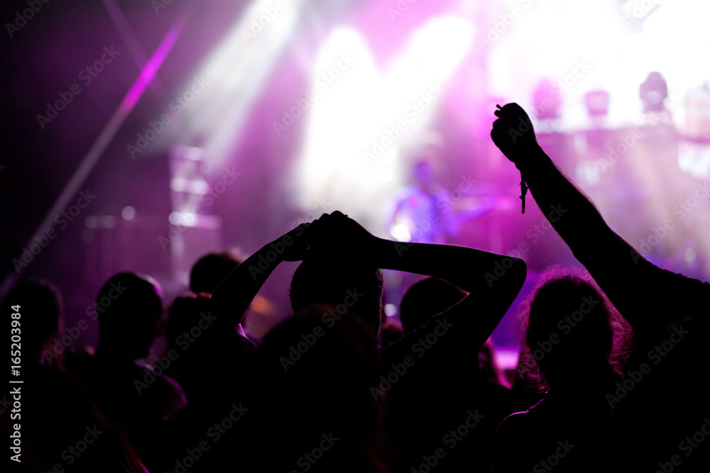 crowd with raised hands at concert - summer music festival