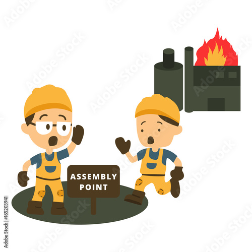 Character Construction worker running go to assembly point. vector illustration.