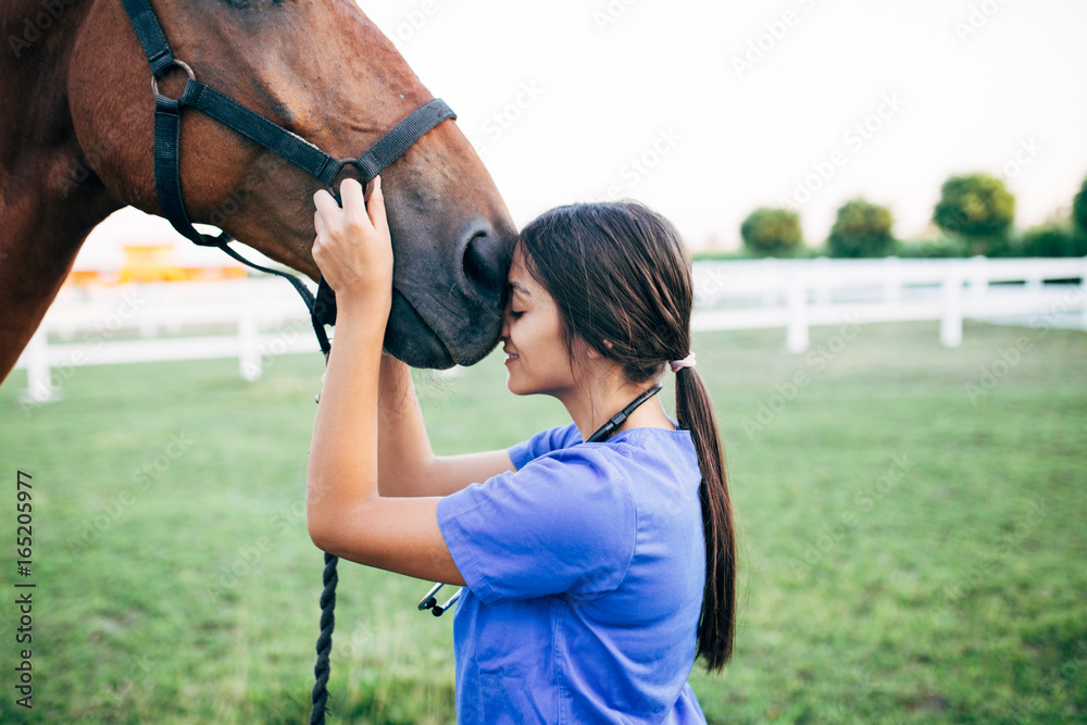 Naklejka premium Vet petting a horse outdoors at ranch.