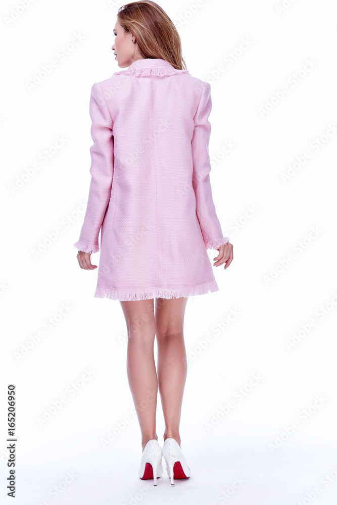 Beauty woman model wear stylish design trend clothing silk pink jacket suit skirt casual formal office style walk party long blond hair makeup party businesswoman secretary diplomatic protocol.