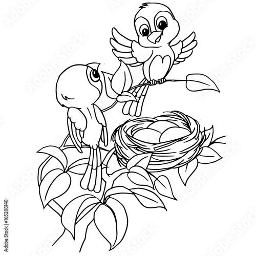 Cartoon bird egg in nest coloring page vector