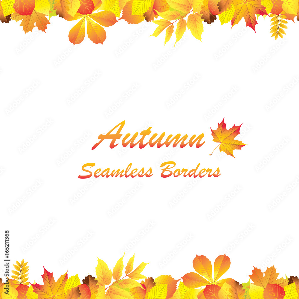 Bright autumn background with seamless vivid autumn leaves borders on white background. Vector illustration. Bright autumn background with seamless vivid autumn leaves borders on white background. Vector illustration.