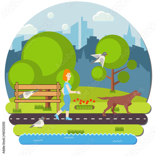 Woman jogging in city park with her dog. Vector flat illustration.