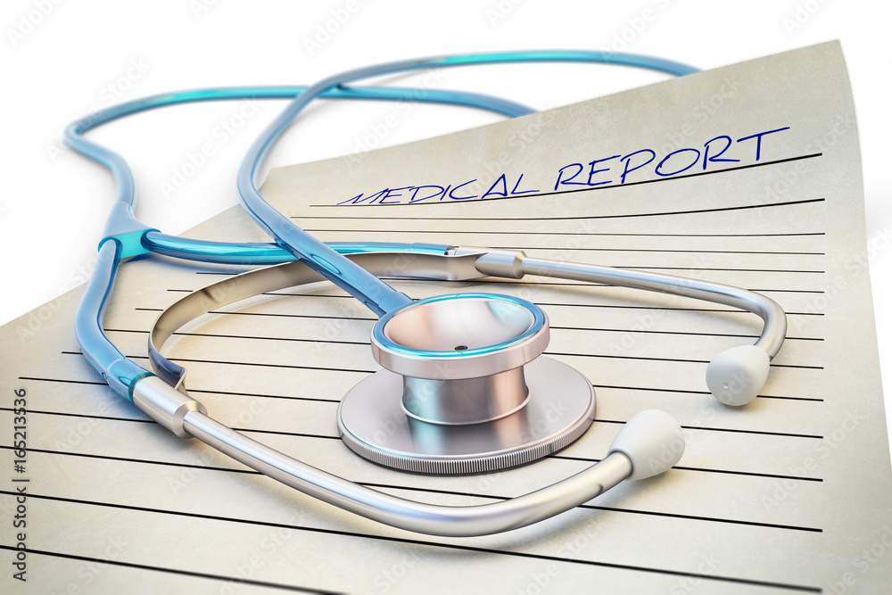 Healthcare and medicine concept, stethoscope and blank report form of medical examination on white background