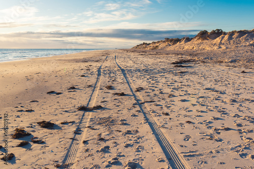A trail of two wheels of a car drove along the wide beach of Adelaide