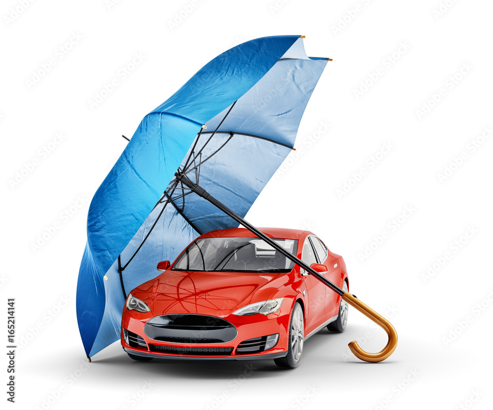 Fototapeta premium Koncepcja ubezpieczenia samochodu i zapewnienia bezpieczeństwa, nowoczesny samochód czerwony pod niebieskim parasolem, na białym tle