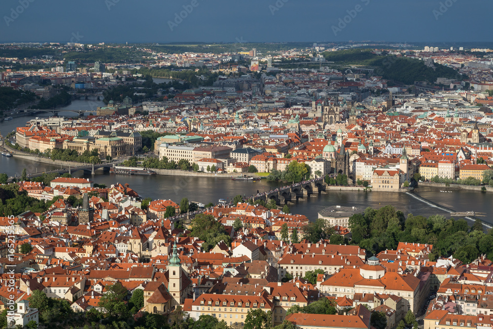 Fototapeta premium View of the Mala Strana (Lesser Town) and Old Town districts and Vltava River in between in Prague, Czech Republic, from above.