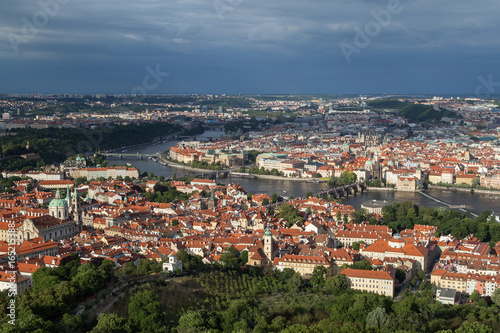 View of the Petrin Hill, Mala Strana (Lesser Town) and Old Town districts and beyond in Prague, Czech Republic, from above.