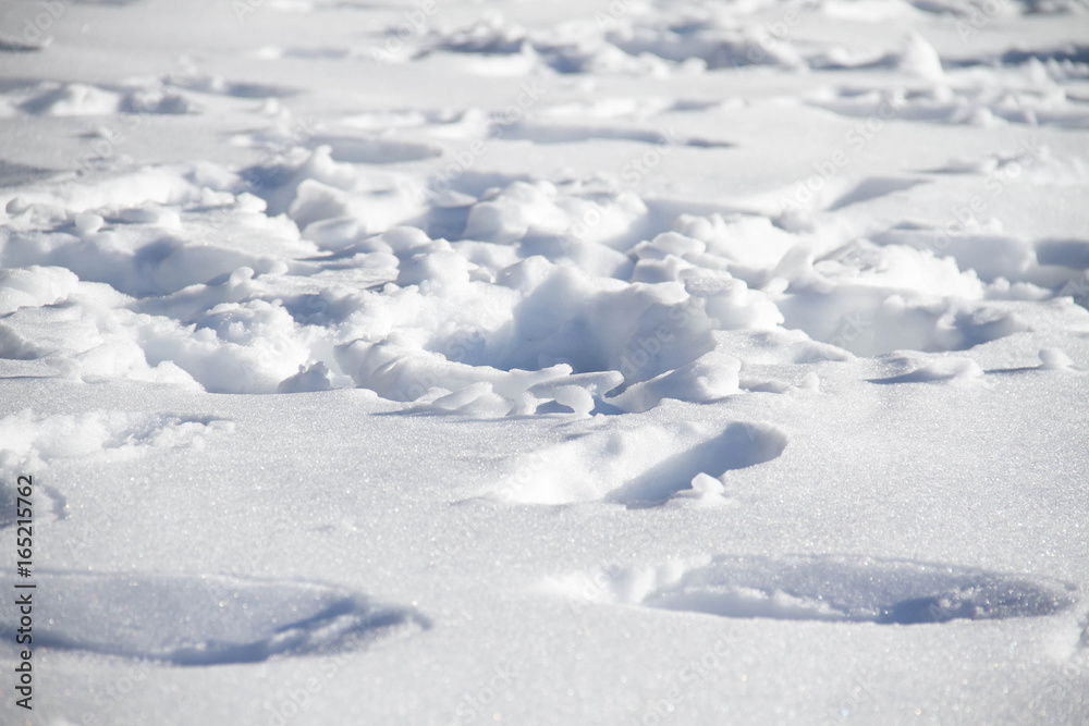 Snow covers ground and holes