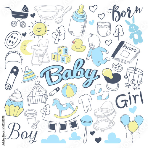 Baby Shower Freehand Doodle. Newborn Hand Drawn Elements Set with Boy and Girl. Vector illustration