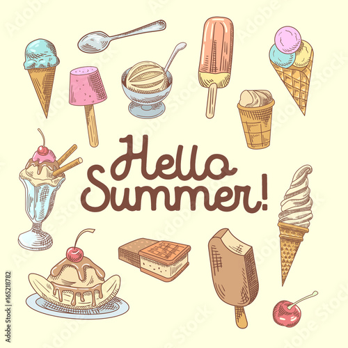 Ice Cream Hand Drawn Design with Fruits and Chocolate, Cones and Waffles. Hello Summer. Vector illustration