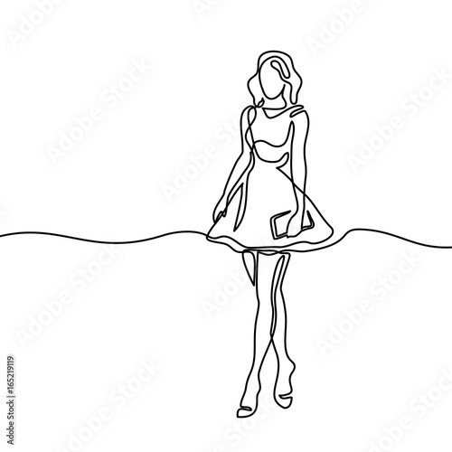 Silhouette of slender woman bride in short dress. Continuous line drawing. Vector illustration