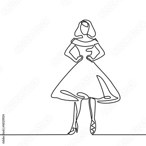 Silhouette of slender woman bride in midi dress. Continuous line drawing. Vector illustration