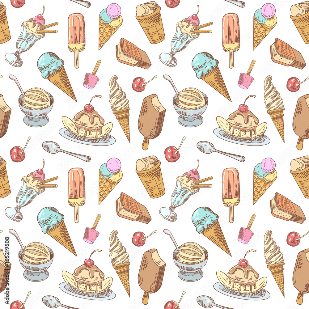 Ice Cream Hand Drawn Seamless Pattern with Cold Desserts, Fruits and Chocolate, Cones and Waffles Ice Cream Hand Drawn Seamless Pattern with Cold Desserts, Fruits and Chocolate, Cones and Waffles