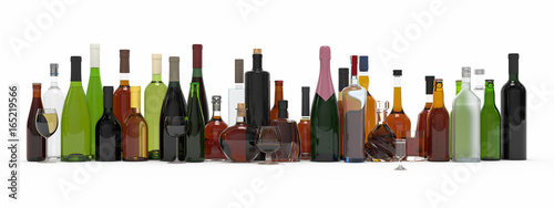 Collection of alcoholic bottles isolated 3d rendering