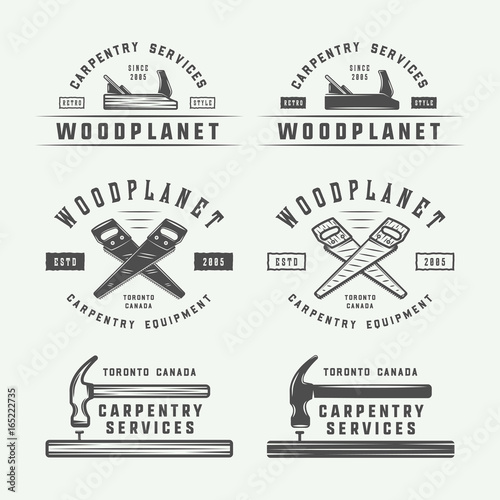 Set of vintage carpentry, woodwork and mechanic labels, badges, emblems and logo. Vector illustration. Monochrome Graphic Art.