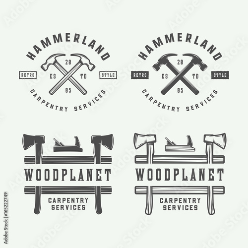 Set of vintage carpentry, woodwork and mechanic labels, badges, emblems and logo. Vector illustration. Monochrome Graphic Art.
