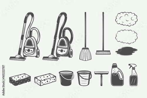 Set of retro cleaning design elements in vintage style. Monochrome Graphic Art. Vector Illustration.