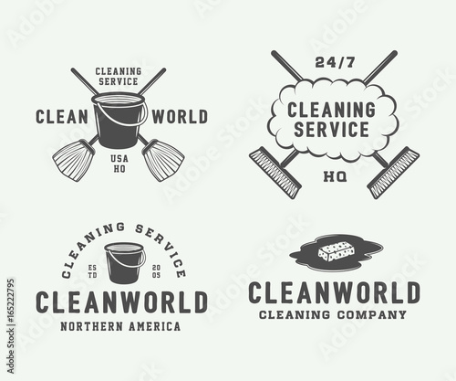 Set of retro cleaning logo badges, emblems and labels in vintage style. Monochrome Graphic Art. Vector Illustration.